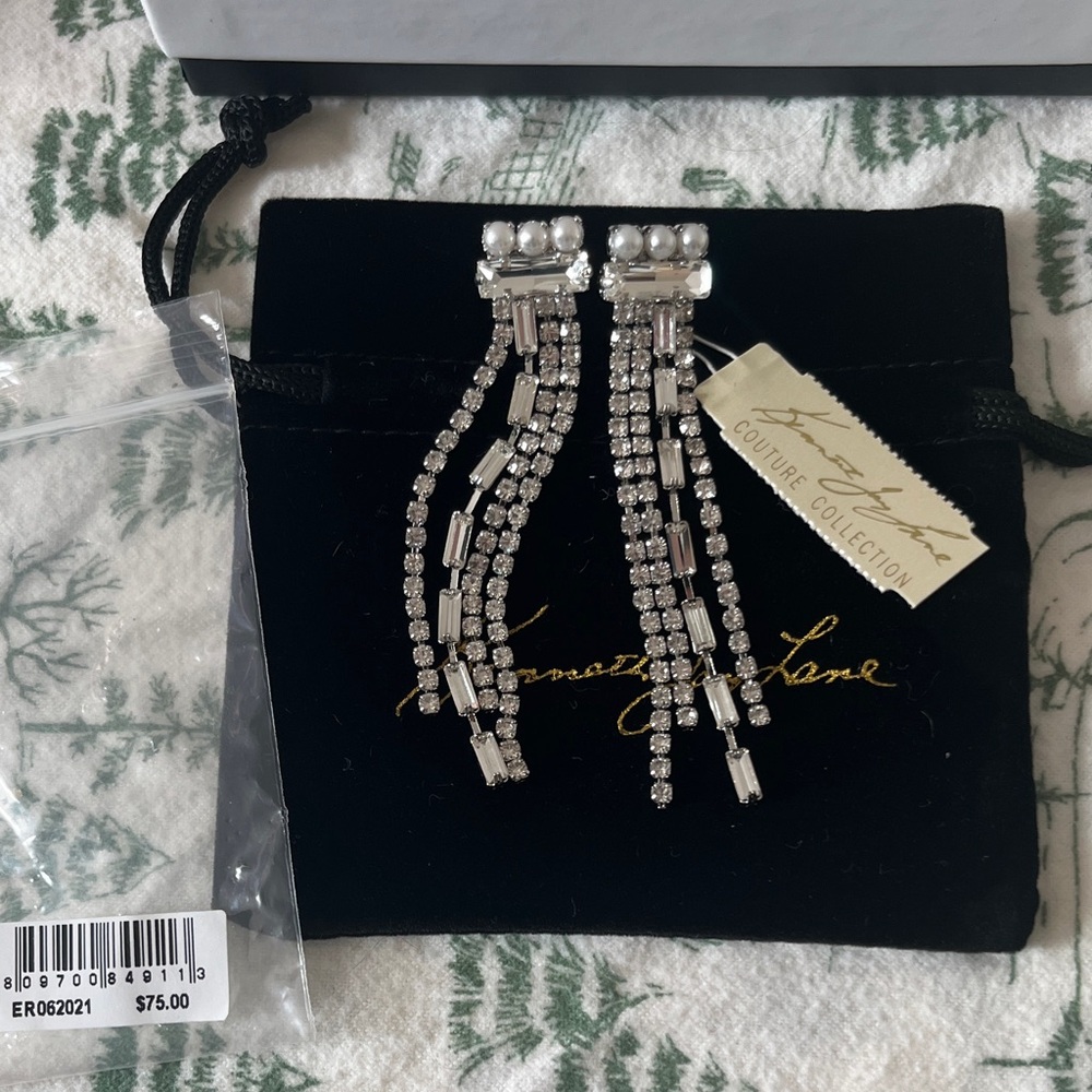 Kenneth Jay Lane Silvertone Imitation Pearl & Crystal Fringed Drop Earrings